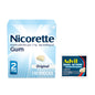 Nicorette 2mg Original Gum and Advil Dual Action 2-Count box, showing the packaging of nicotine gum and pain relief tablets.