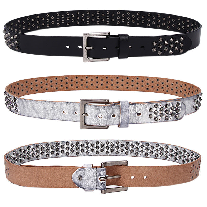 Women's distinctive rivet belt made of full-grain cowhide leather, featuring a textured metal buckle and rivets