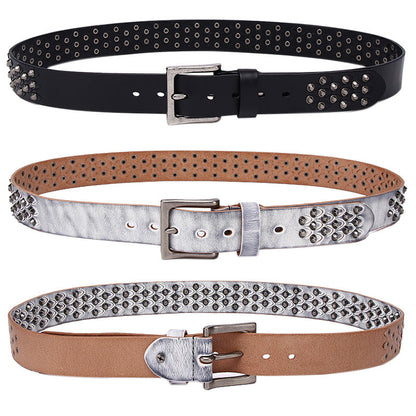 Women's distinctive rivet belt made of full-grain cowhide leather, featuring a textured metal buckle and rivets