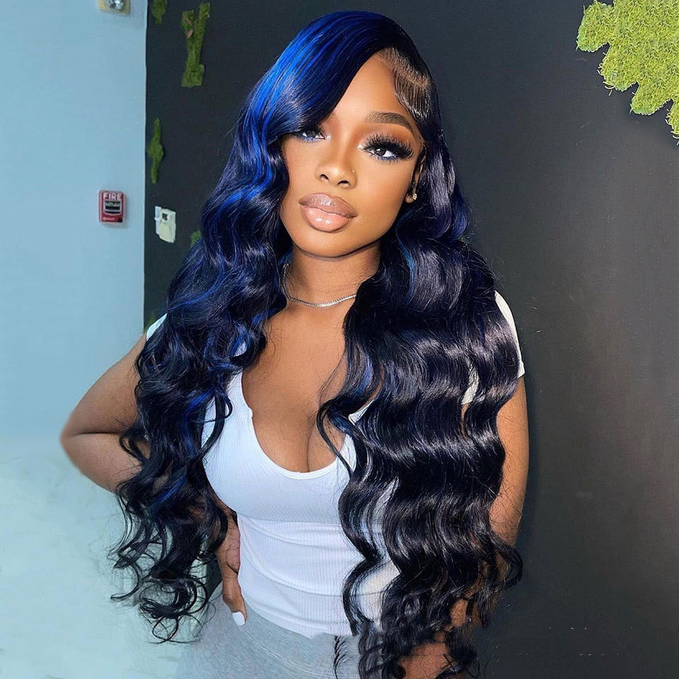 Highlight body wave human hair lace front wig with softly blended blonde highlights and natural waves