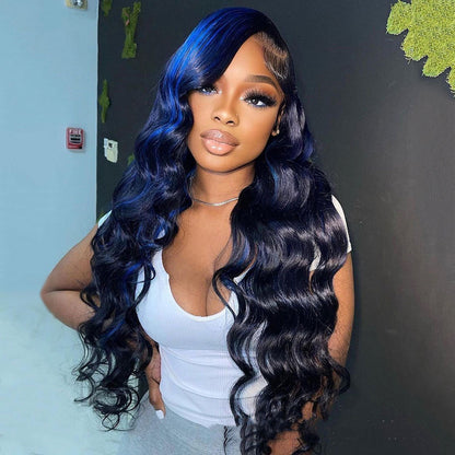 Highlight body wave human hair lace front wig with softly blended blonde highlights and natural waves