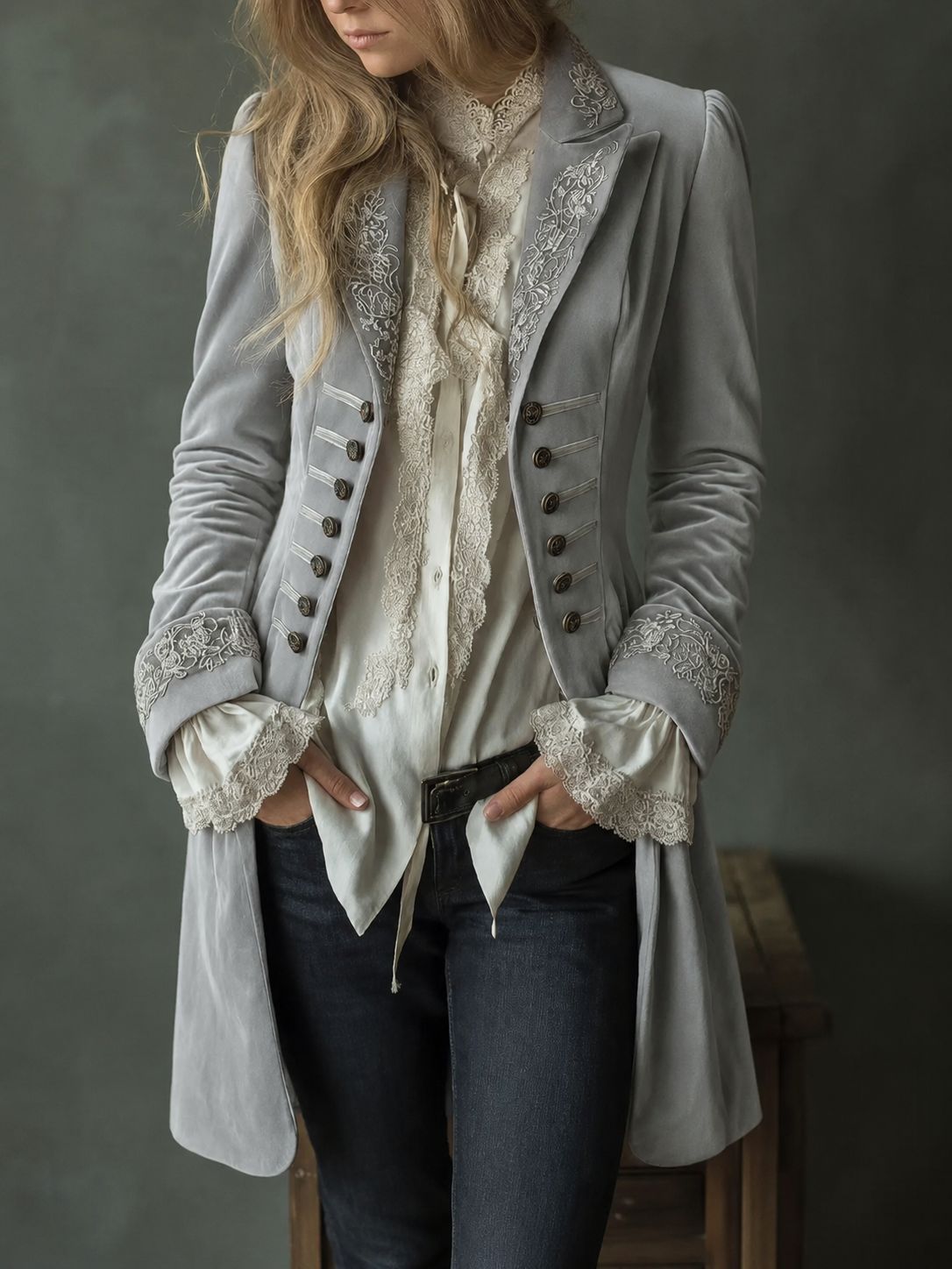 Women's long-sleeve patchwork lace gold-velvet coat in a solid color
