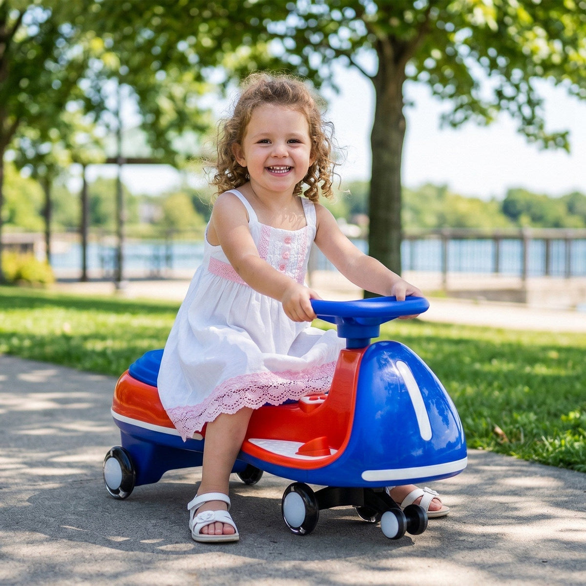 12V electric wiggle ride-on toy car with dual motors and LED lights, designed for children, featuring a sturdy build and colorful details.