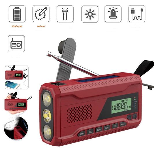 Outdoor emergency radio with solar and hand crank power, high-brightness LED lighting