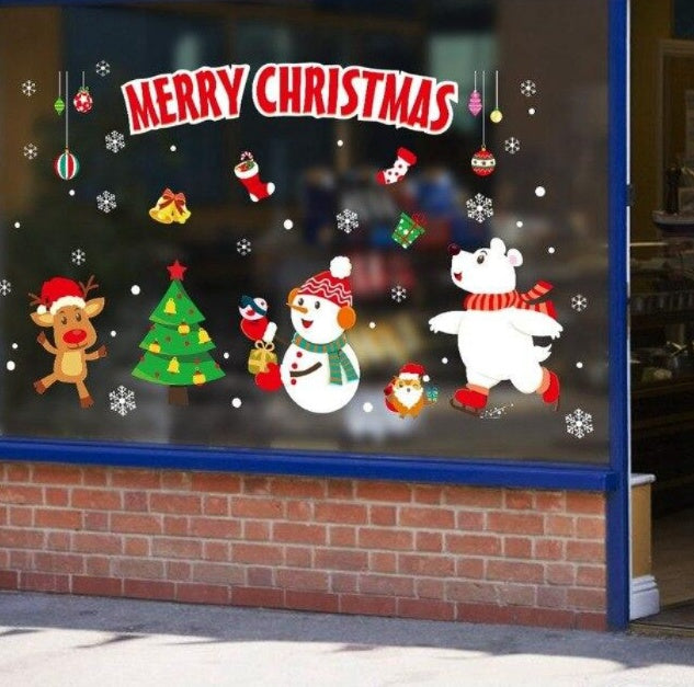 Christmas decorations store window stickers with festive holiday designs for glass display surfaces