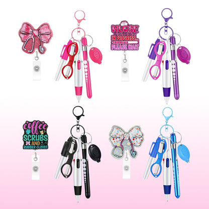 Retractable nurse pen set keychain with flashlight and clip, shown together in a compact accessory set