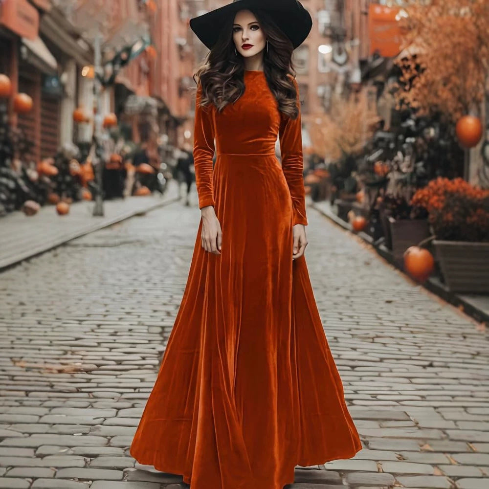 Women's Halloween long-sleeve long velvet dress in rich fabric with a flowing floor-length silhouette