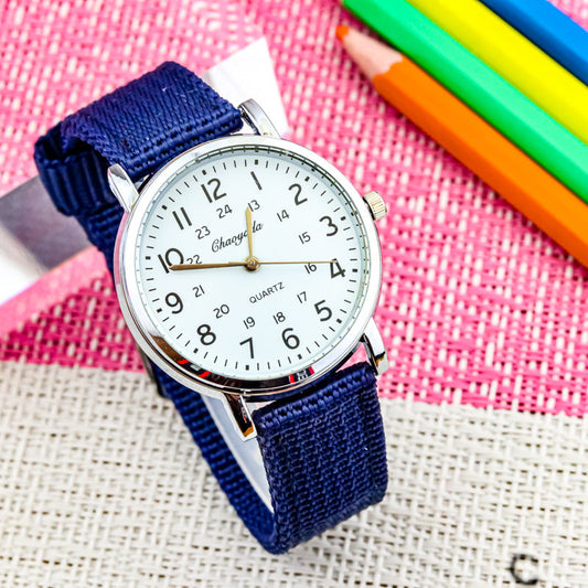 Children's clear digital watch with breathable canvas strap, Korean fashion design for little boys