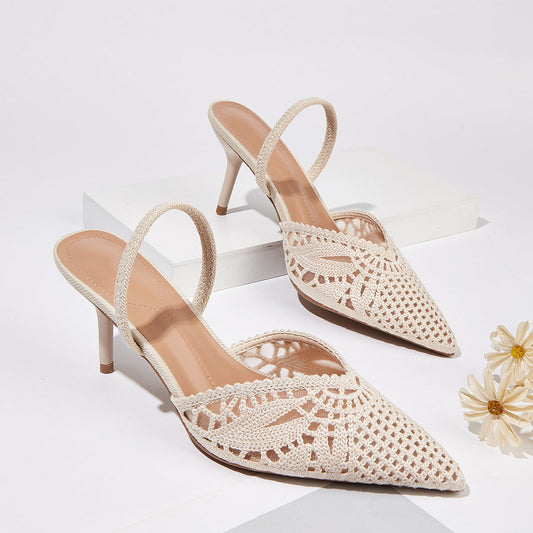 Women's French style knitted cutout pointed toe slingback heeled sandals in an elegant summer design