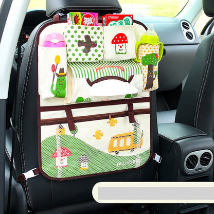 Cartoon car storage bag hanging from the back of a seat with a playful vehicle design