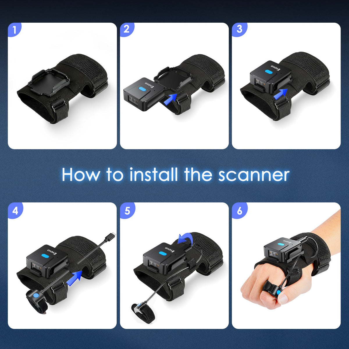 Portable Bluetooth wrist barcode scanner gloves, two-dimensional wearable scanner in black with adjustable strap