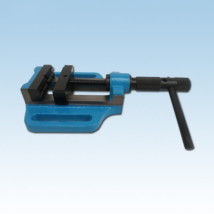 High carbon steel drilling machine vise, side view of heavy-duty metal bench vise