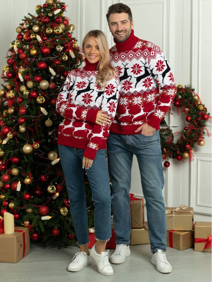 Unisex Christmas elk jacquard long sleeve turtleneck sweater in red and white knit pattern