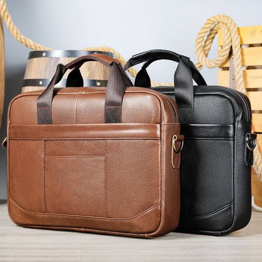 Men's leather computer bag with shoulder strap, suitable for documents and casual crossbody carrying