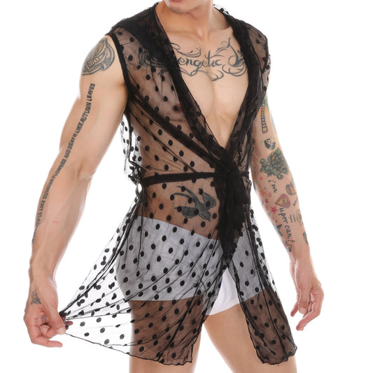 Men's transparent lace mesh bathrobe in a sheer fashion designMy Store Men's Transparent Lace Mesh Bathrobe in sheer floral design