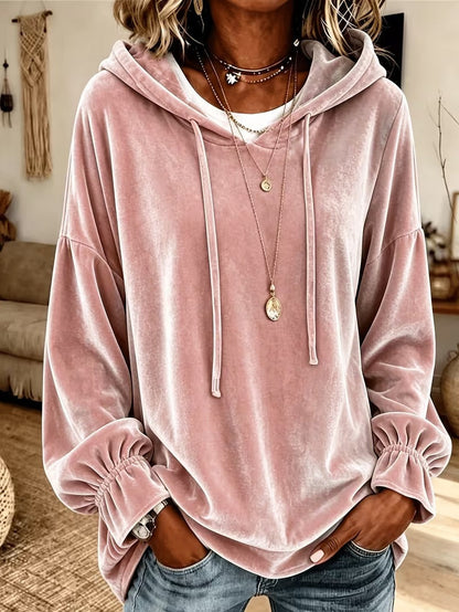 Women's hooded sweater with drawstring and velvet fabric, loose fit for autumn and winter my store