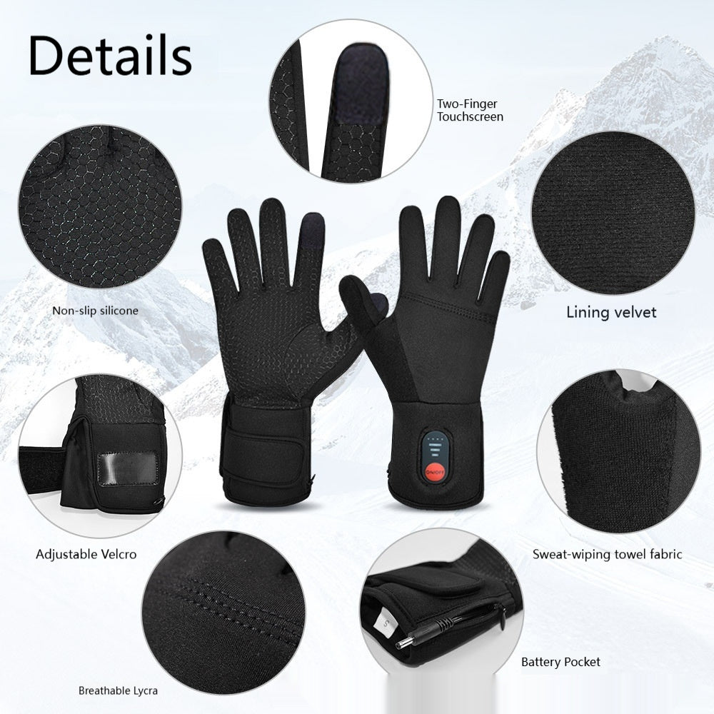 Outdoor mountaineering rechargeable heated gloves, black insulated pair with touchscreen fingertips
