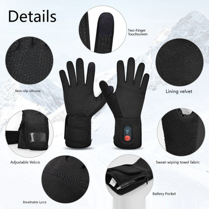 Outdoor mountaineering rechargeable heated gloves, black insulated pair with touchscreen fingertips