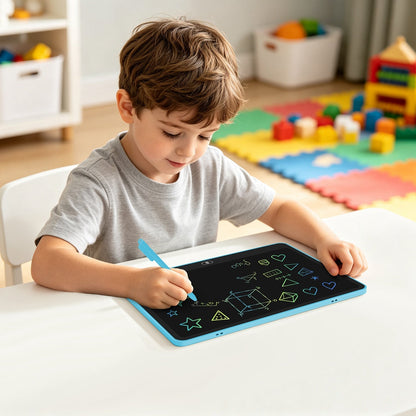 GBruno Store LCD writing tablet for kids with stylus and lock function, showing a colorful drawing on the screen