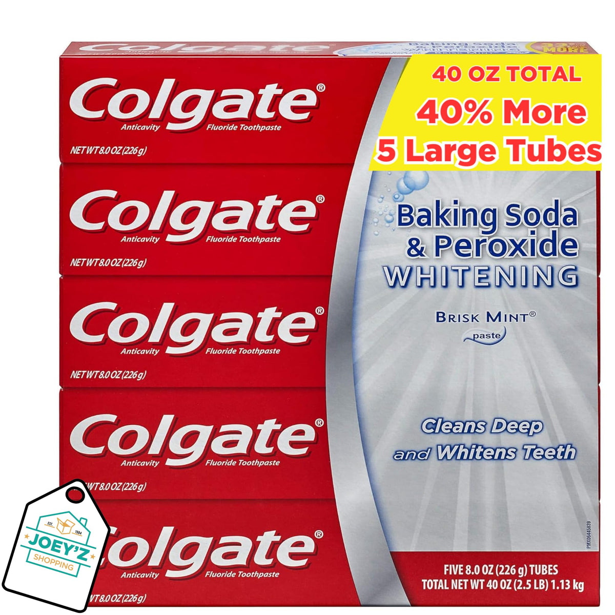 Five tubes of BACKUPMYFILESNOW® Brisk Mint Whitening Toothpaste with Baking Soda, showing the toothpaste tubes with mint flavor packaging.