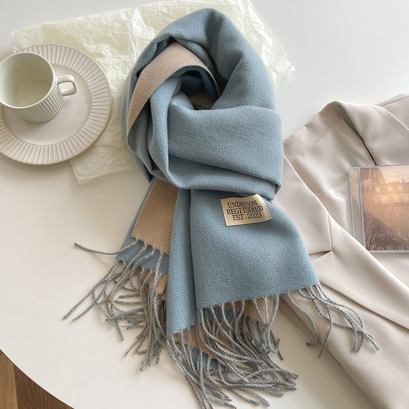 Double-sided artificial cashmere scarf for women, soft winter warm couple design