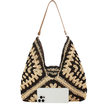 Black BACKUPMYFILESNOW® straw hobo bag with khaki strap, boho aztec woven shoulder purse for women, beach and summer holiday use