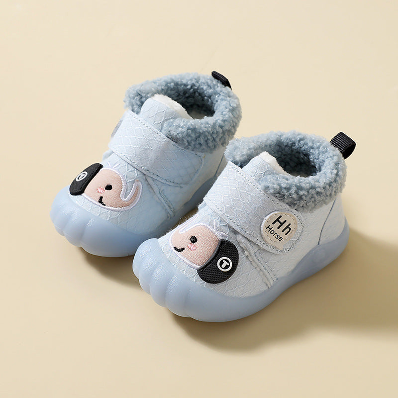 Pink and blue cotton toddler shoes, winter warm cotton shoes for children, pair shown side by side