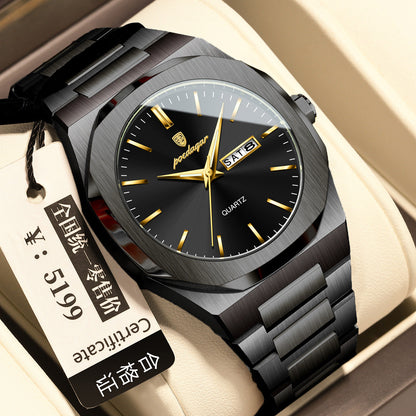 Men's waterproof luminous quartz watch with analog dial and stainless steel strap