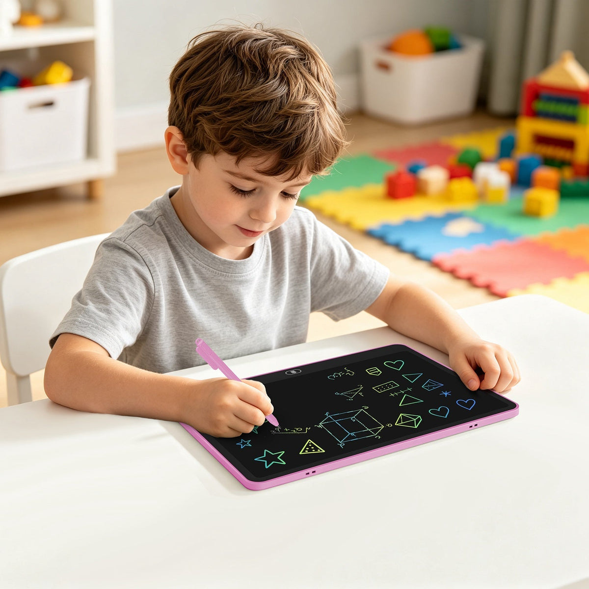 GBruno Store LCD writing tablet for kids with stylus and lock function, showing colorful drawing on screen with stylus nearby.