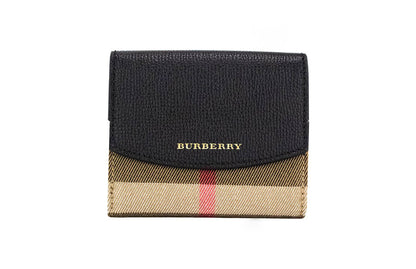Burberry Luna black leather coin pouch wallet with house check pattern and gold-tone zipper, compact and stylish.