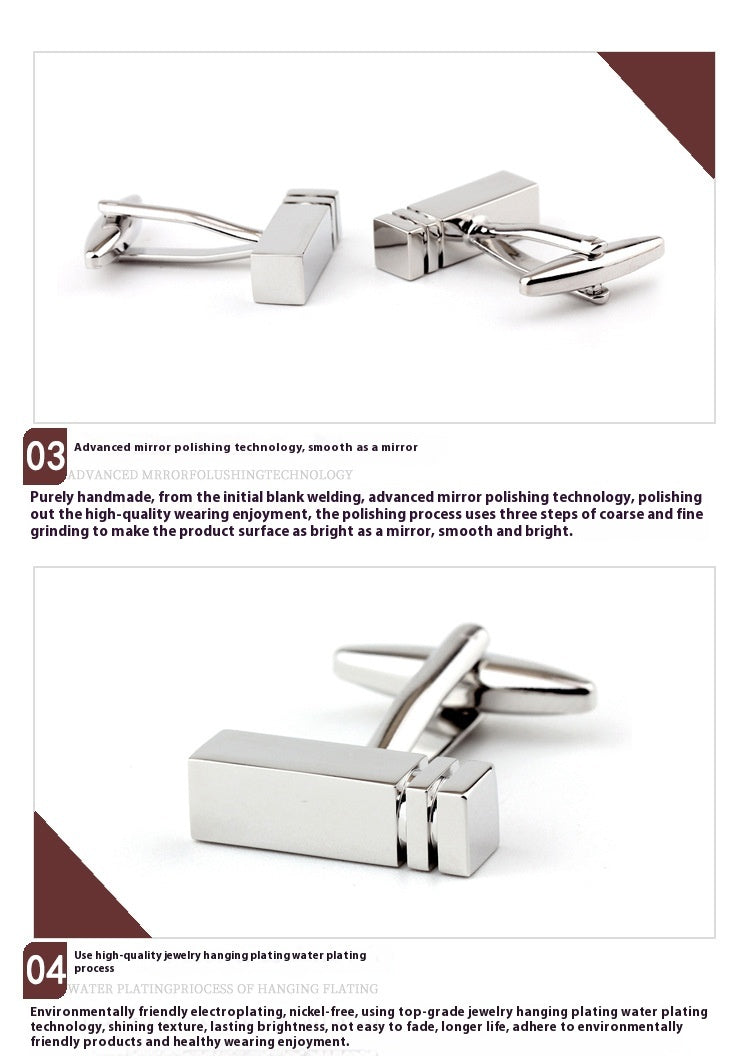 Rectangular glossy metal cufflinks for French cuff shirts, unisex design