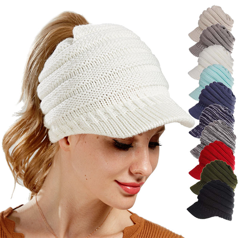 Women’s ponytail beanie, soft knitted autumn winter hat with warm skull cap design
