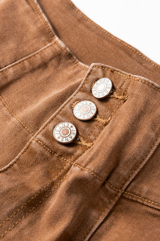 Lorenah Hem Flare Jeans by Threaded Pear featuring high-rise waist and wide flare leg, denim fabric with stylish hem detailing.