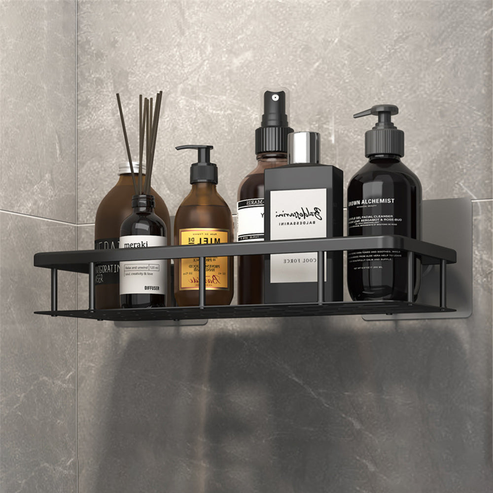 Black rectangular space aluminum wall shelf for bathroom and kitchen, dual-use storage organizer