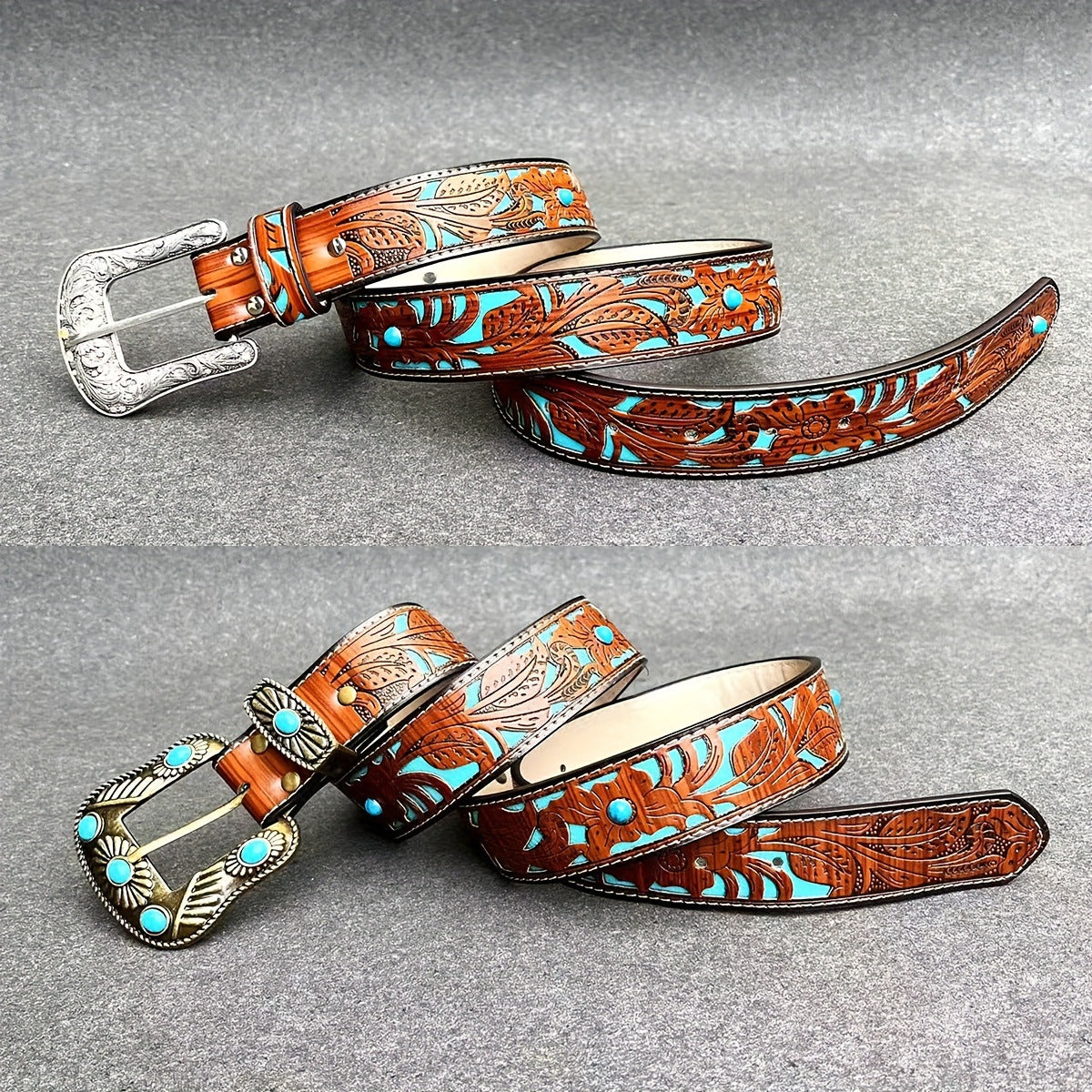 Turquoise carved leather belt in European and American Western style for jeans, suitable for all seasons