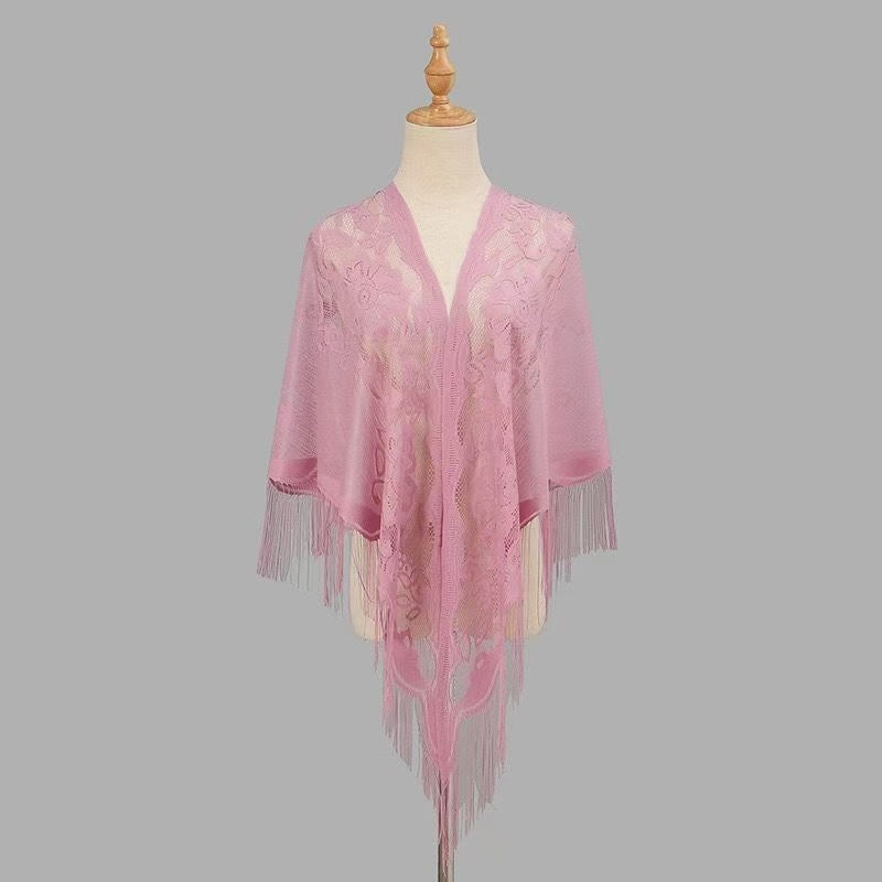 Women's breathable lace triangle shawl with floral design