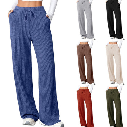 Women's solid-color ribbed pocket casual pants with relaxed fit and elastic waistband