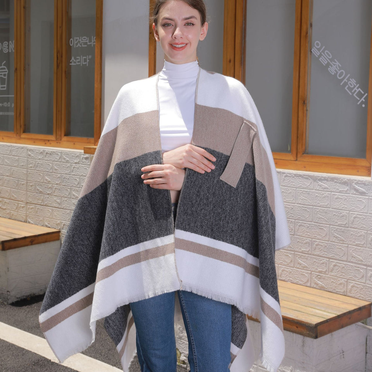 Women's striped tassel cross-strap warm cape shawl by My Store