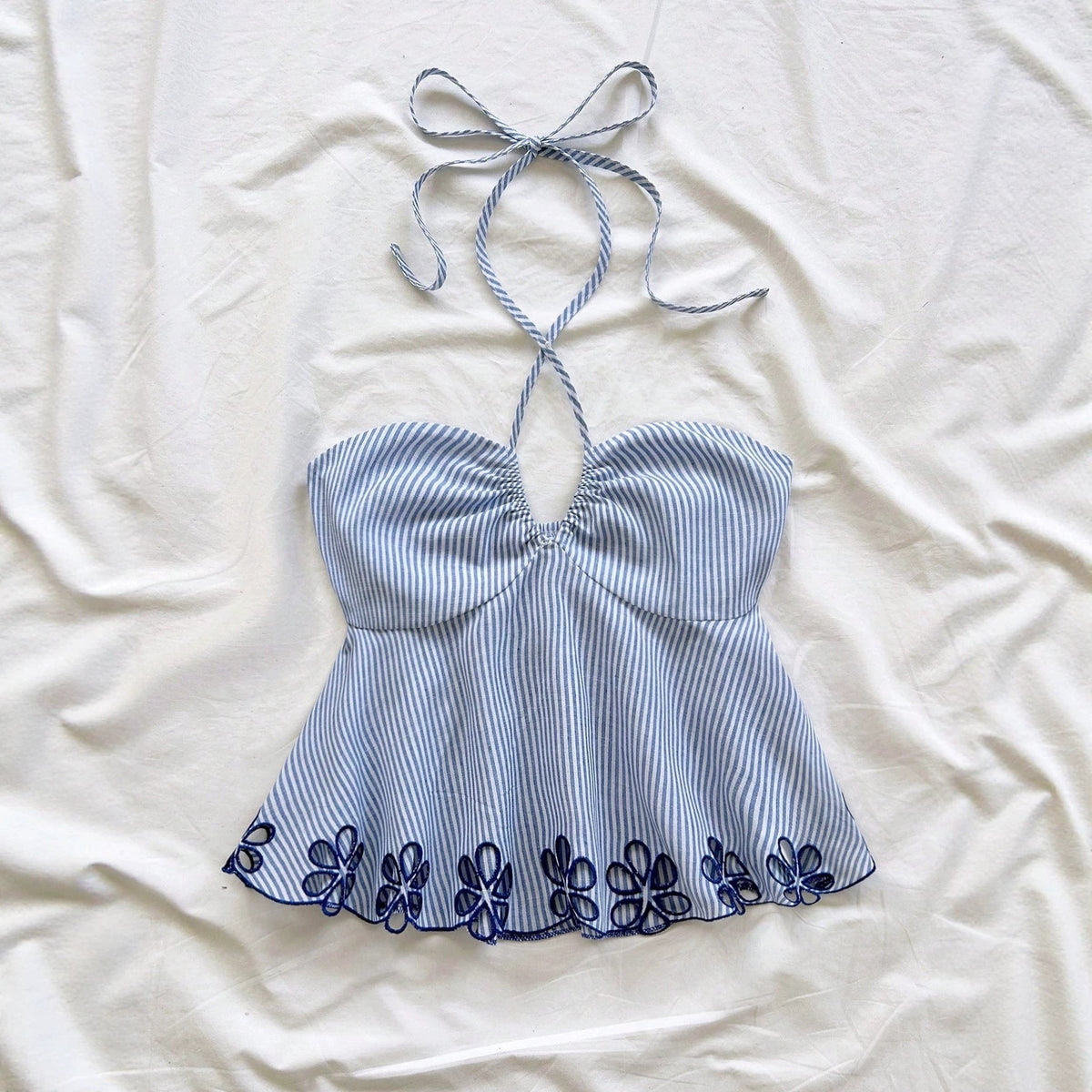 One-shoulder backless striped tie-top with asymmetric strap detail