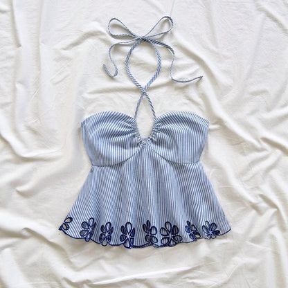 One-shoulder backless striped tie-top with asymmetric strap detail