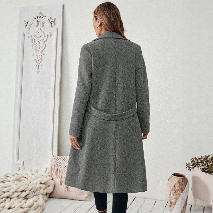 Women's solid-color wool coat with lapel and double-breasted design by My Store