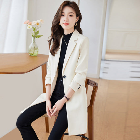 Black mid-length suit trench coat for women, tailored lapels and button front: My Store