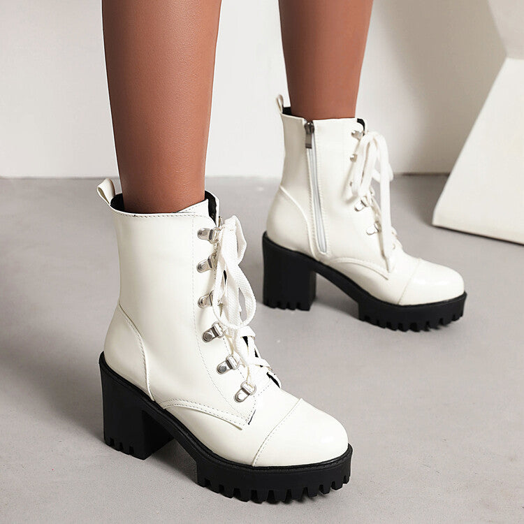 Patent leather chunky-heel riding boots with thick sole front