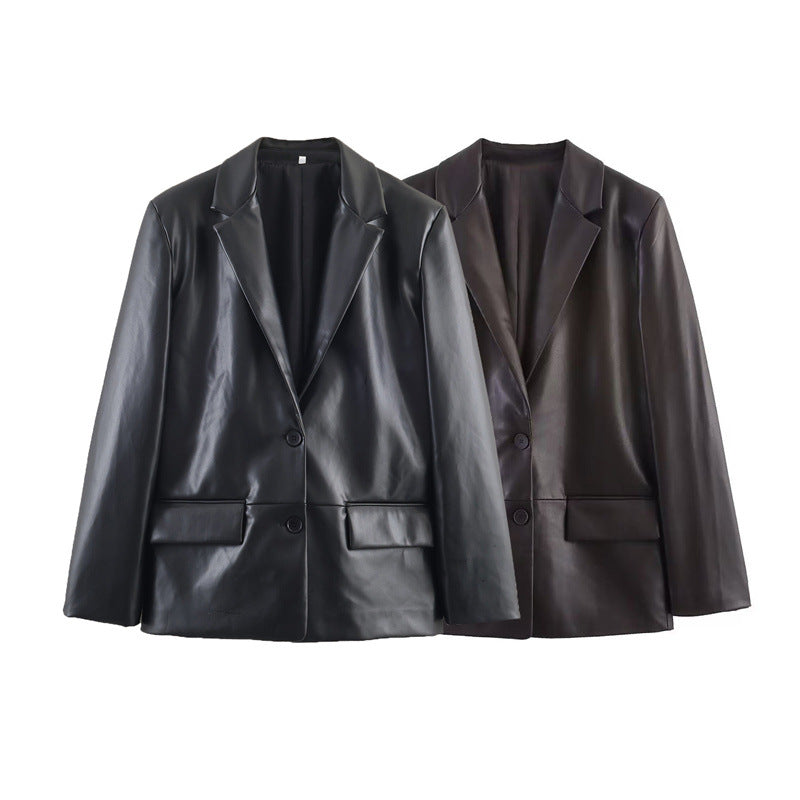 Women's straight leather effect blazer, fashion temperament style - My Store