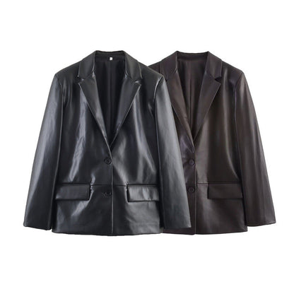 Women's straight leather effect blazer, fashion temperament style - My Store