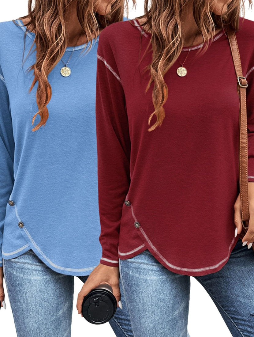 Women's solid button irregular-edge T-shirt by My Store