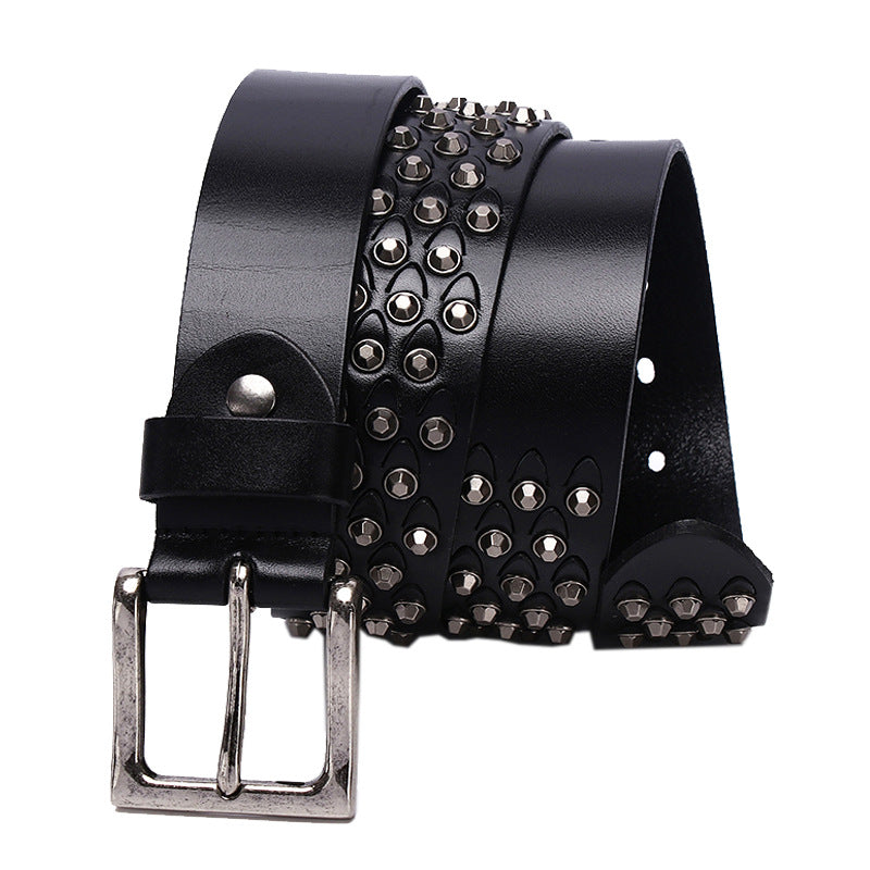 Women's distinctive rivet belt made of full-grain cowhide leather, close-up view