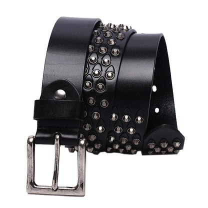 Women's distinctive rivet belt made of full-grain cowhide leather, close-up view