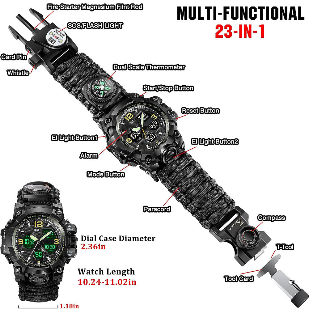 Waterproof dual display electronic tactical watch with digital time and rugged black design
