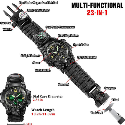 Waterproof dual display electronic tactical watch with digital time and rugged black design